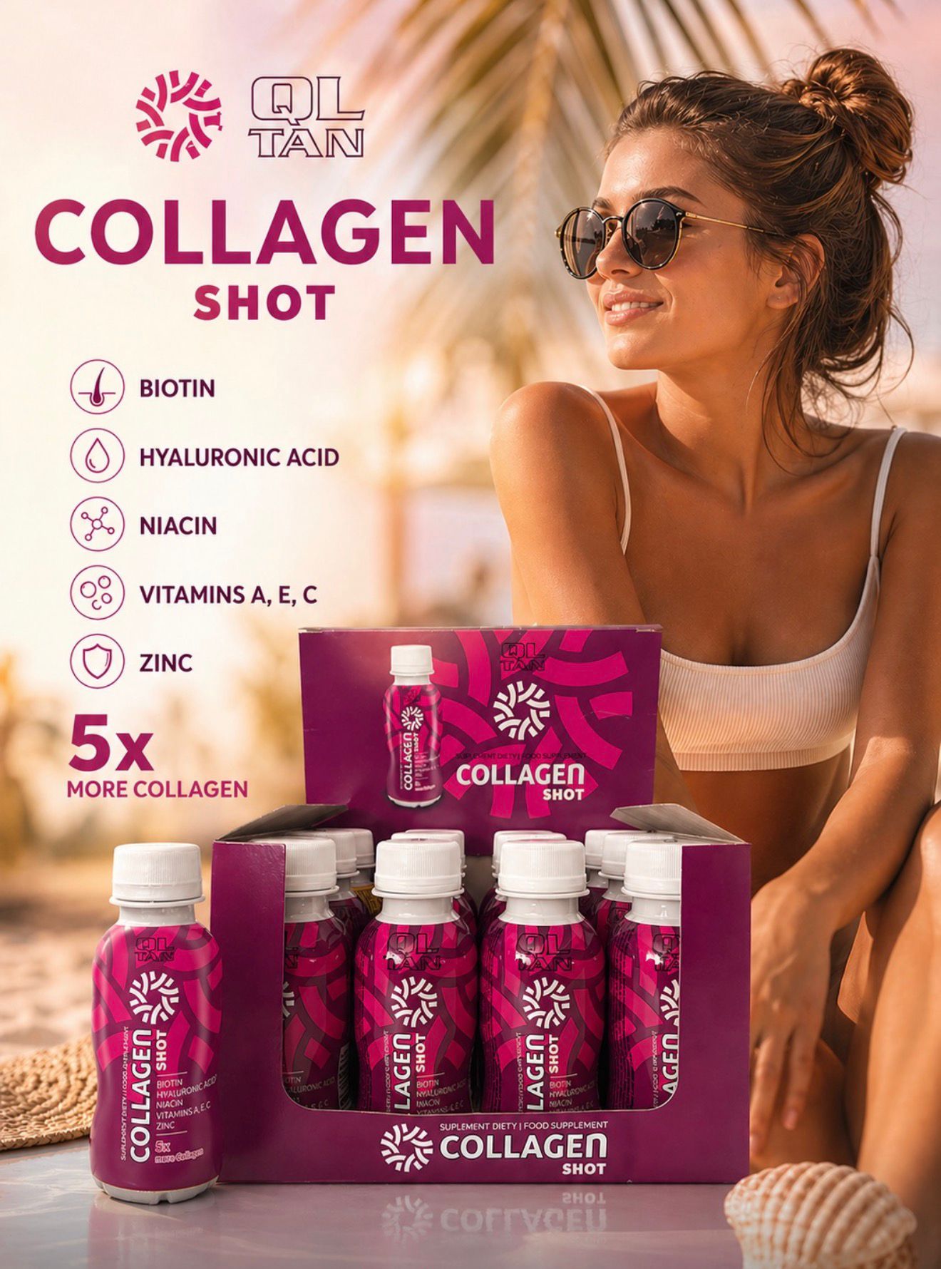 QL Tan Collagen Shot — Biotin, Hyaluronic Acid, Niacin, Vitamins A E C, Zinc — 5× more collagen